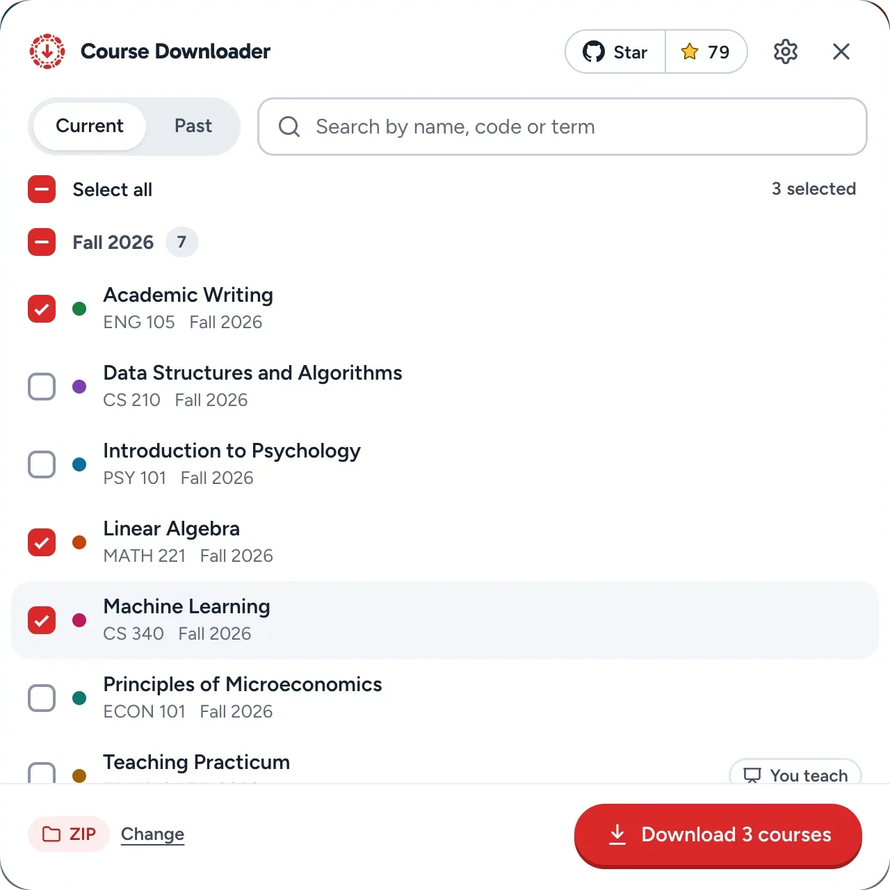 The course picker on the Canvas dashboard: courses grouped by term, three ticked, and a Download 3 courses button